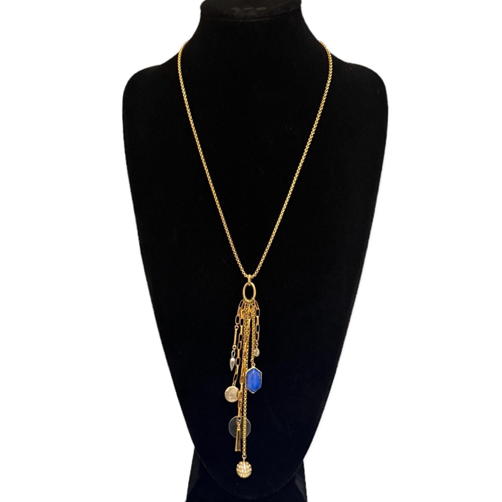 J Jill Gold Multi Charm Tassel Necklace Blue Stone NWT